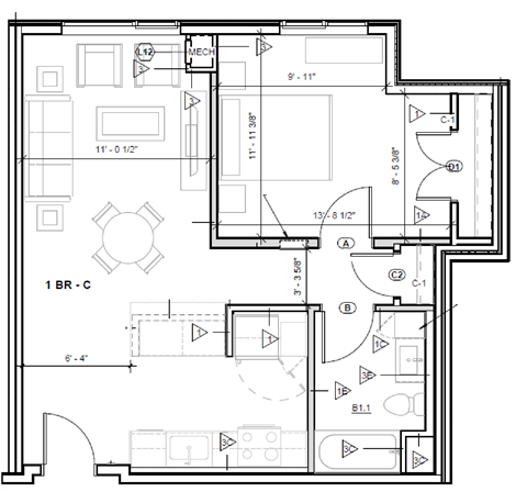 Floor plan for 1 bed, 1 bath, 700 sqft